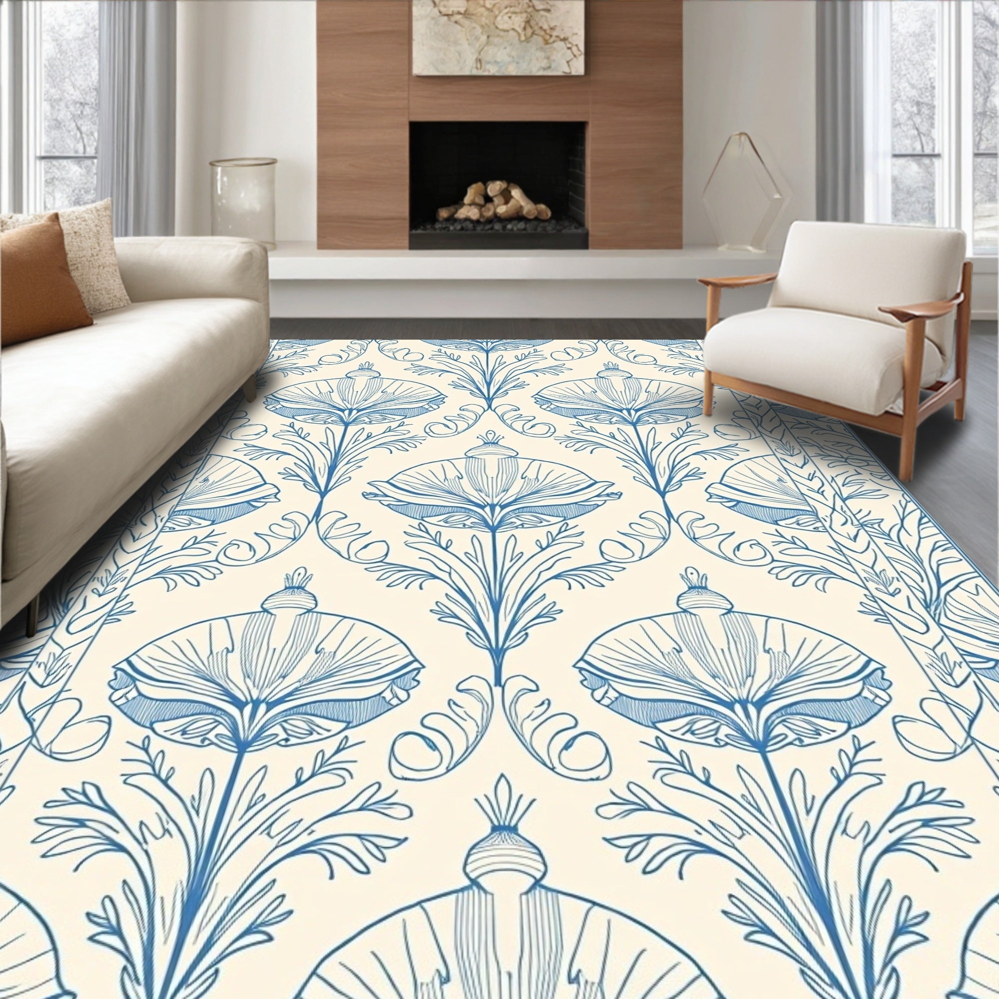 Blue Floral Art Nouveau Pattern Rug