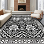 Intricate Black White Floral Border Rug