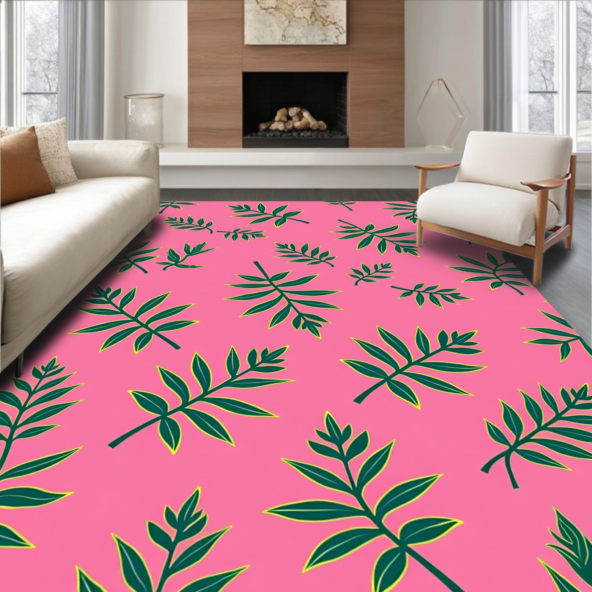 Vibrant Pink Emerald Leafy Spray Rug