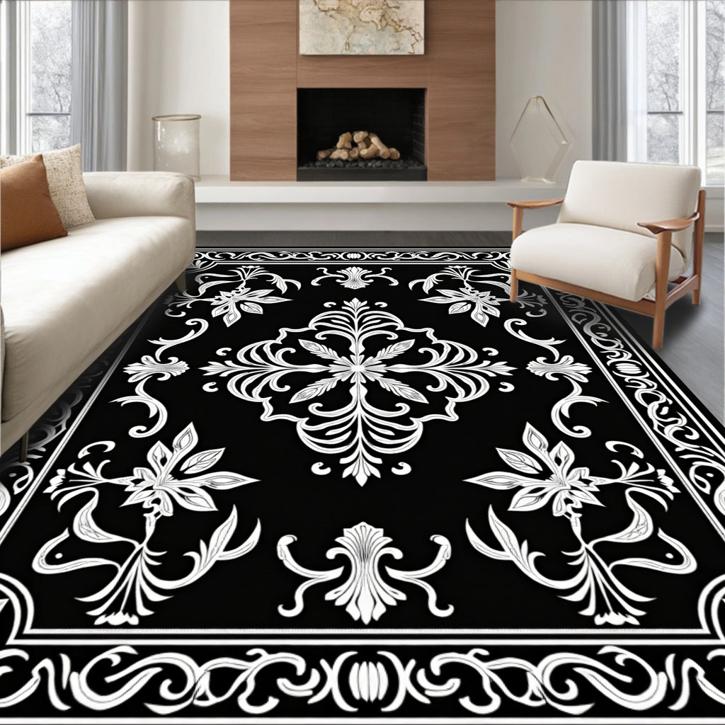 Classic Black White Floral Scroll Design Rug