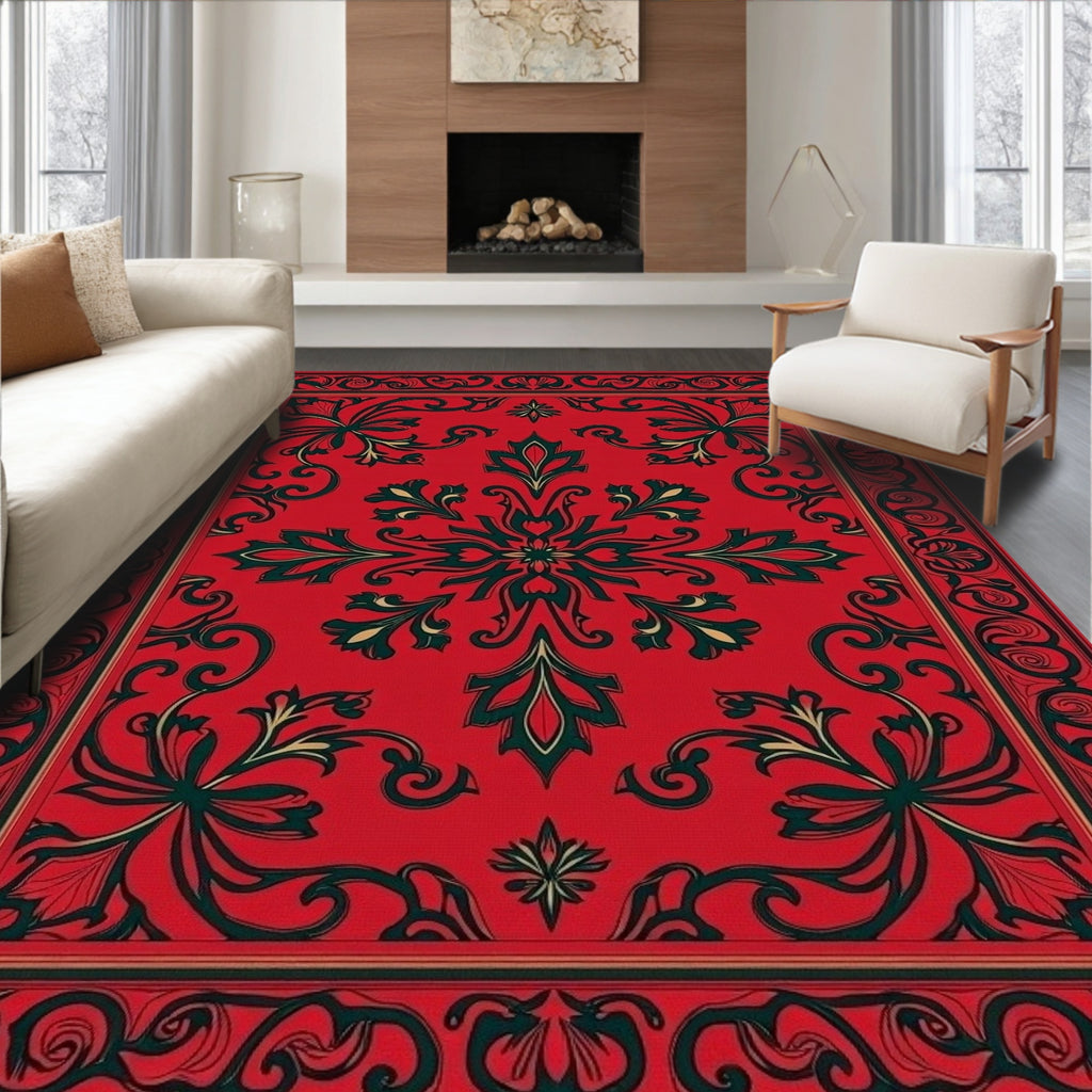 Classic Red Green Floral Scroll Rug