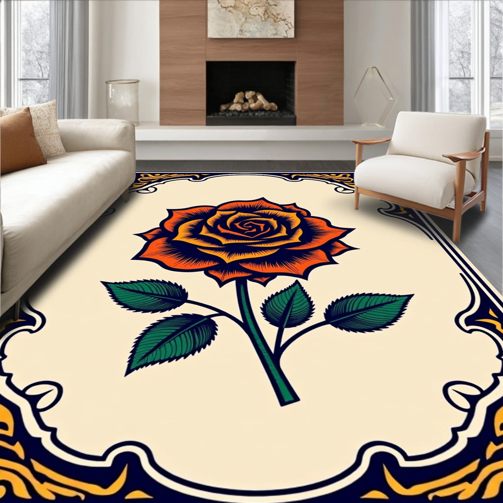 Bold Orange Rose Floral Border Design Rug