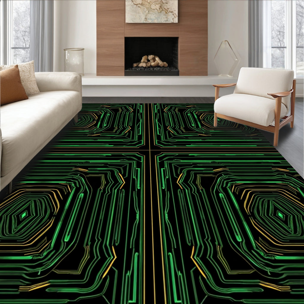 Green Circuit Board Geometric Hexagon Rug