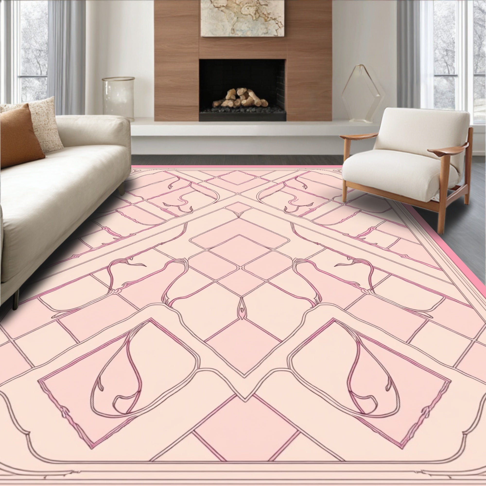 Art Nouveau Pink Geometric Floral Rug