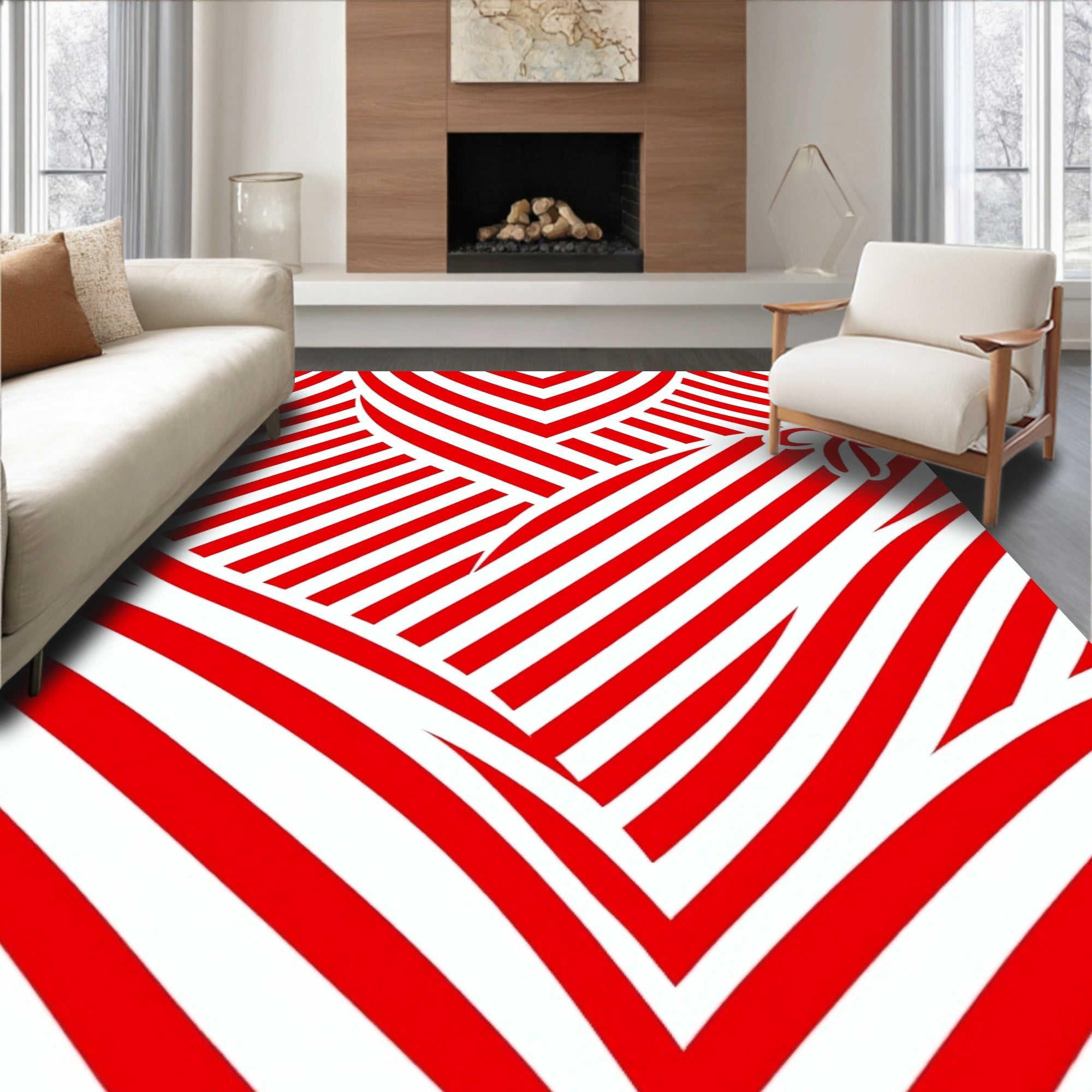 Red White Bold Stripe Pattern Rug