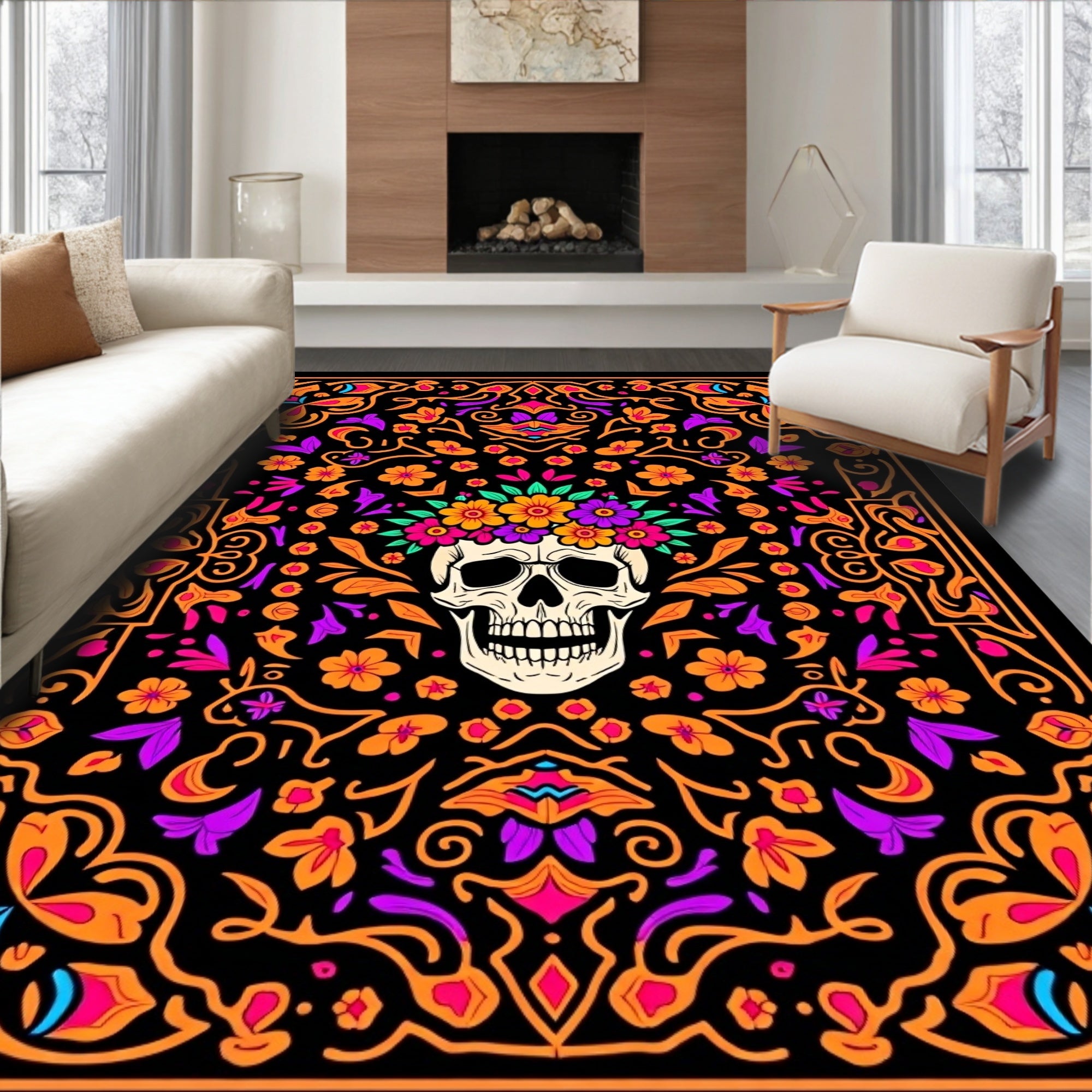 Floral Skull Day of Dead Rug