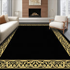 Ornate Gold Scrollwork Black Border Rug