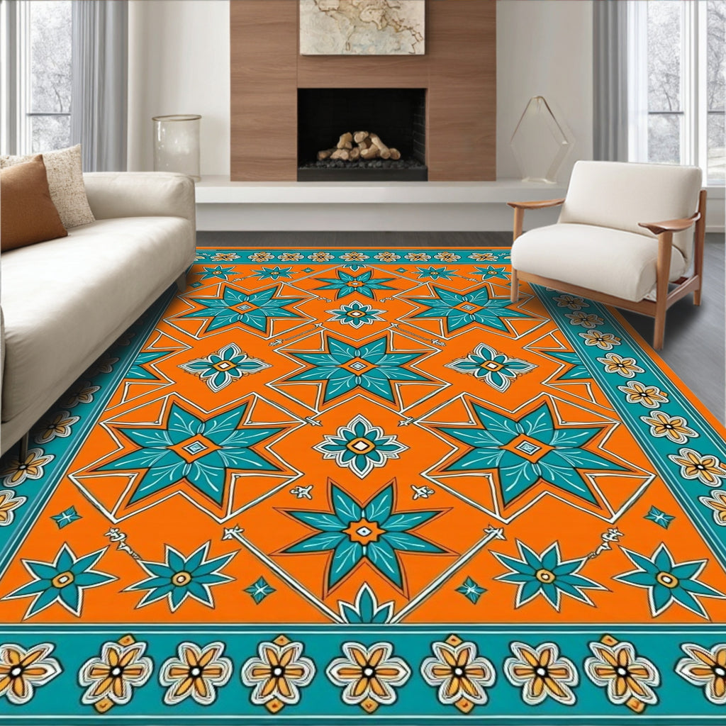 Orange Teal Star Floral Pattern Rug
