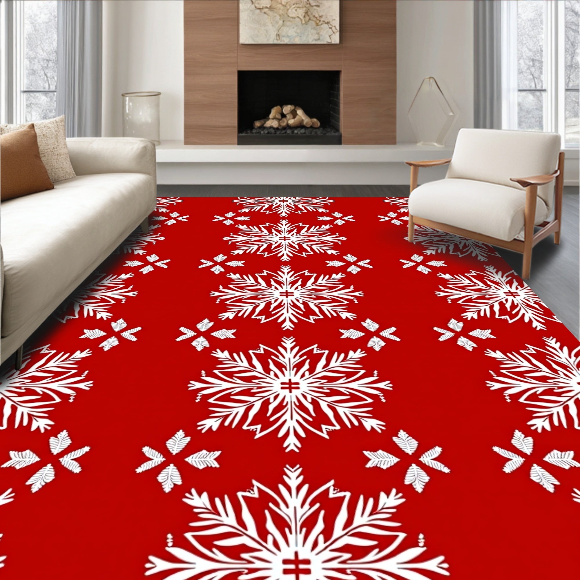 Bold Red White Snowflake Repeat Rug
