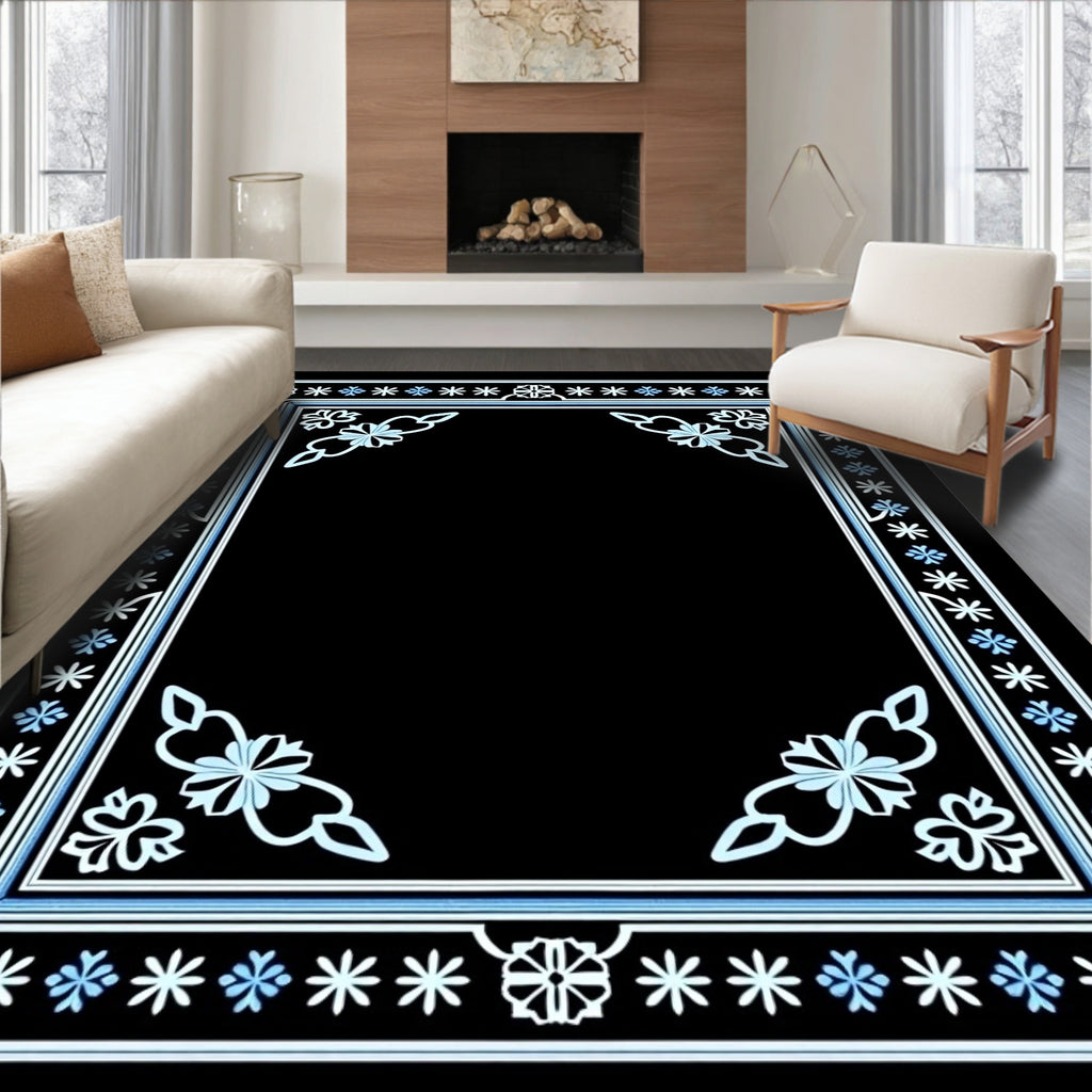 Black Floral Border With Sky Blue Accents Rug