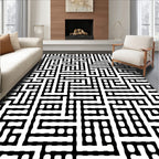 Modern Black White Geometric Maze Pattern Rug