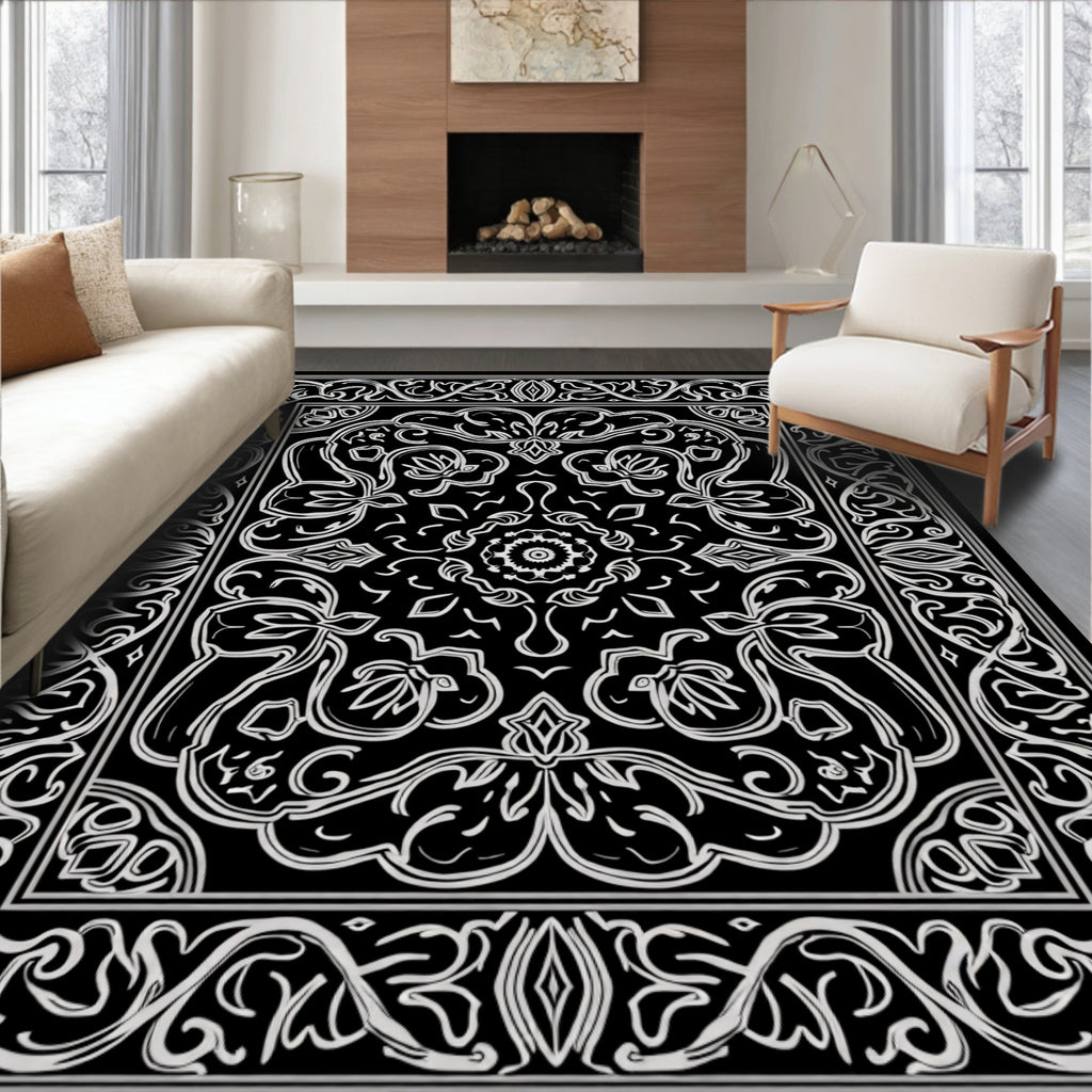 Elegant Black White Floral Patterned Rug