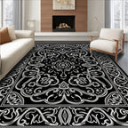 Elegant Black White Floral Patterned Rug