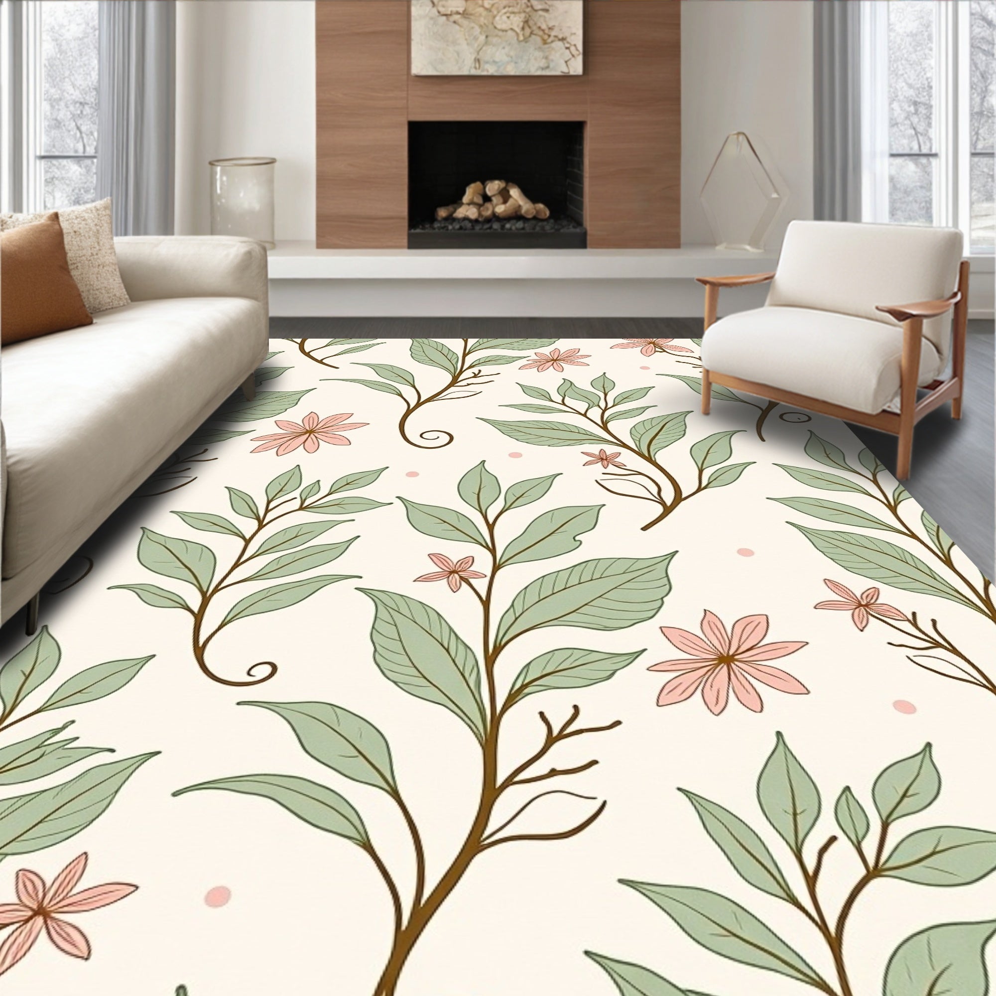 Delicate Botanical Leaves and Flowers Rug