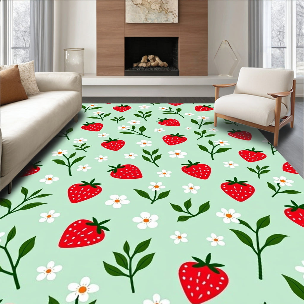 Red Strawberry White Daisy Pattern Rug