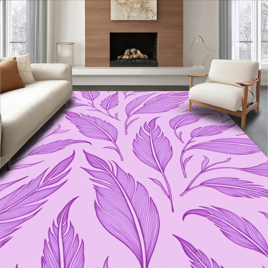 Purple Feather Patterned Line Art Rug