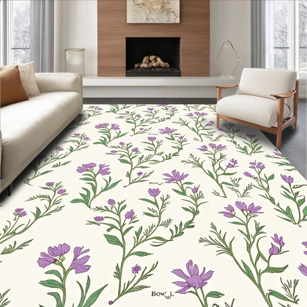 Purple Floral Pattern With Green Stems Rug