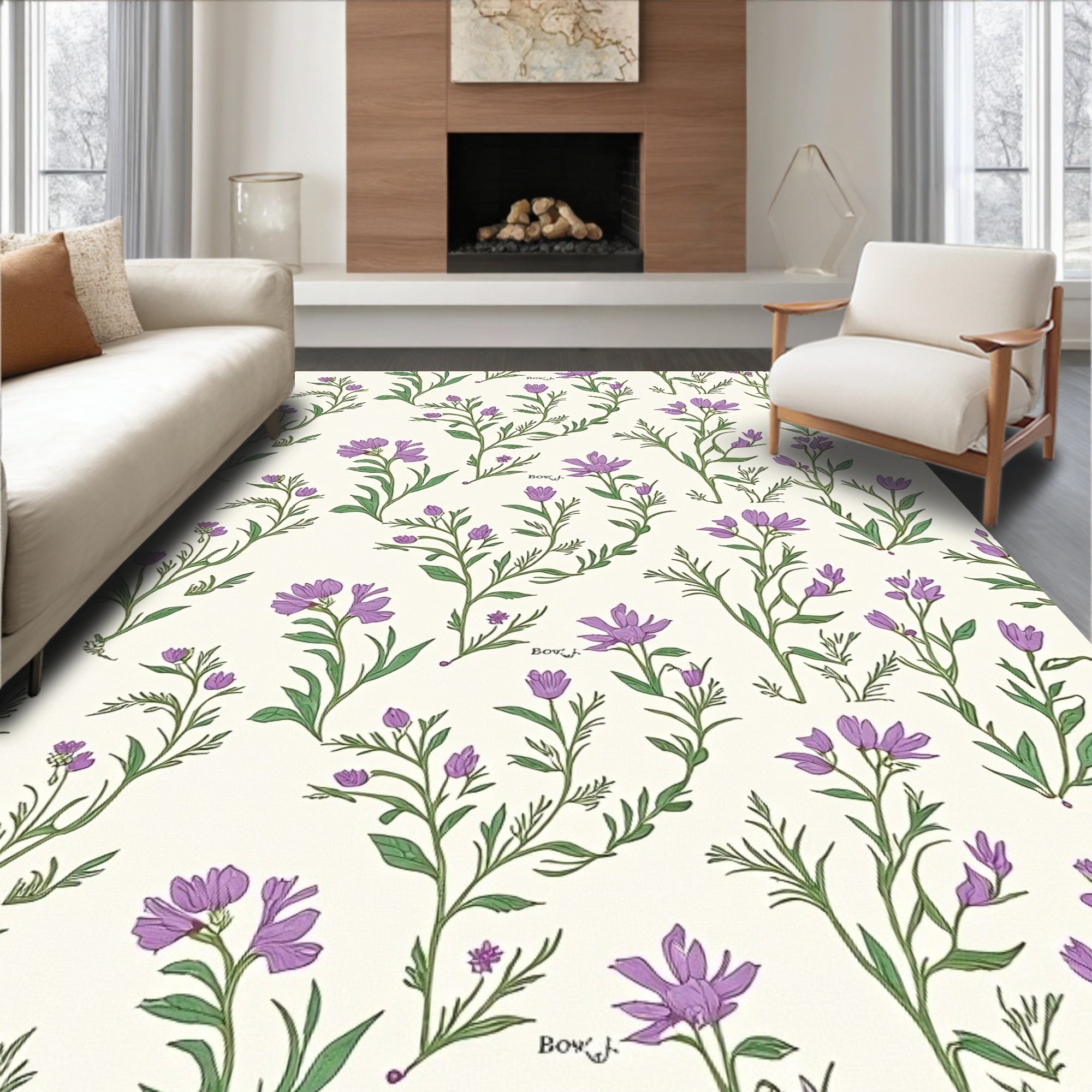 Purple Floral Pattern With Green Stems Rug
