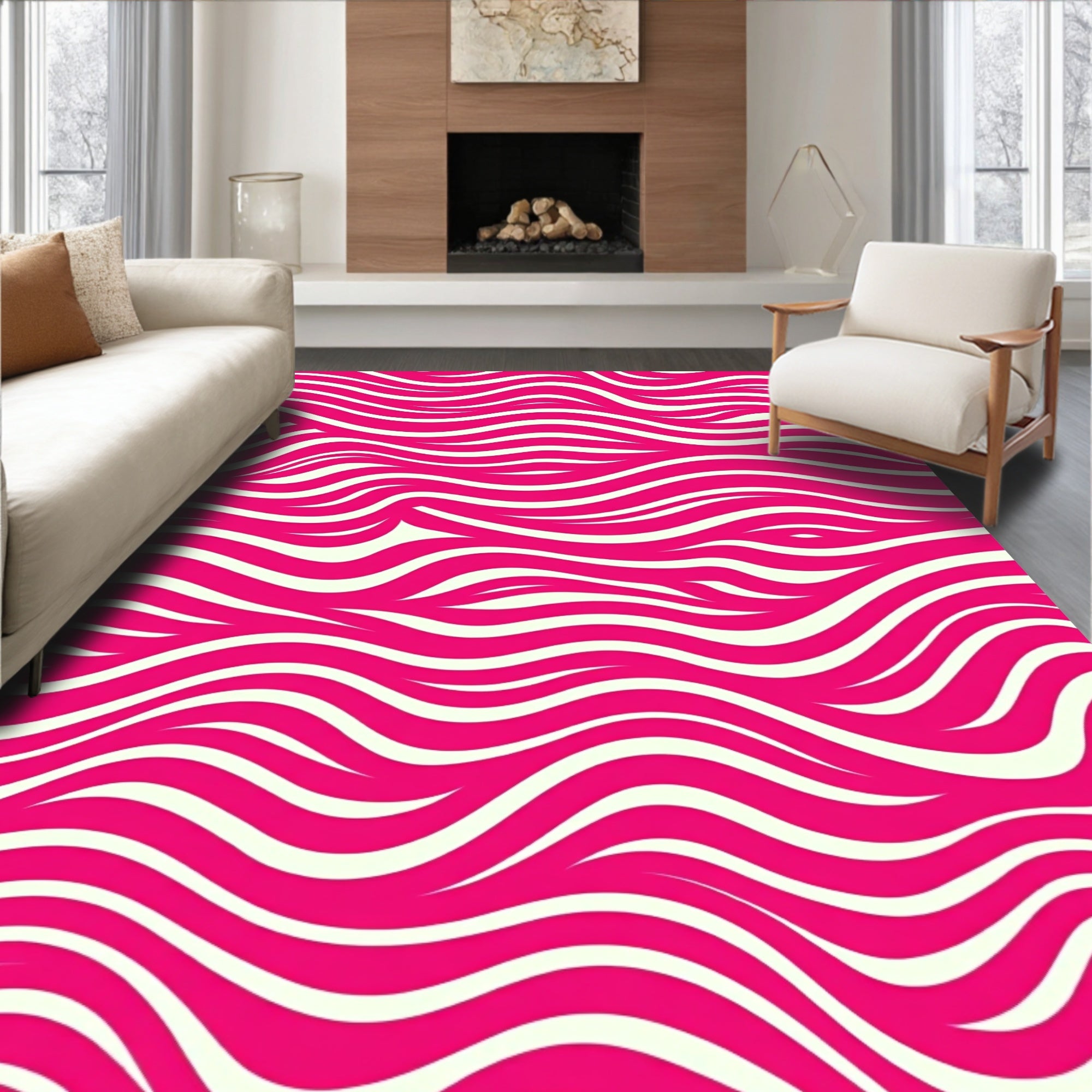 Abstract Pink Cream Wavy Lines Rug