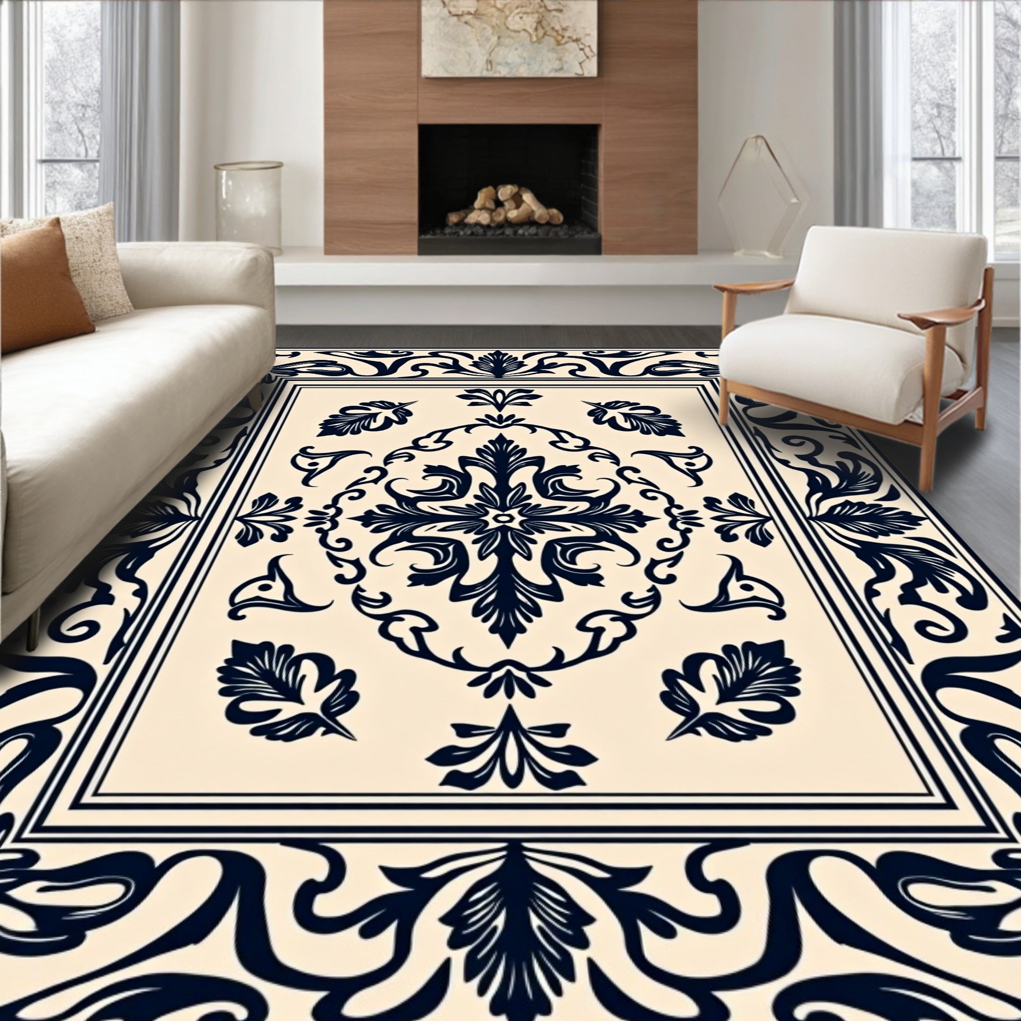 Classic Navy Floral Scrollwork Rug