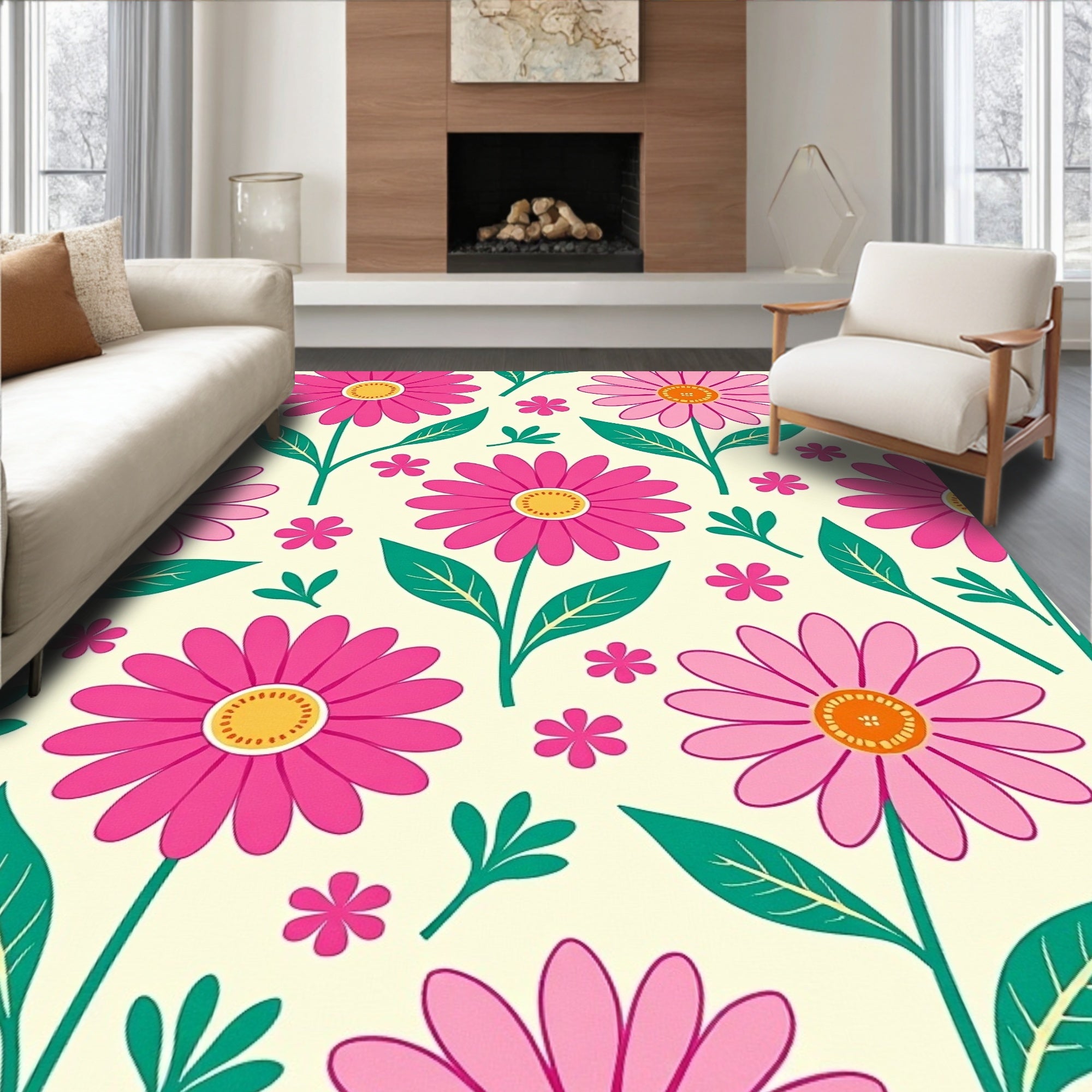 Fuchsia Daisies Patterned Rug