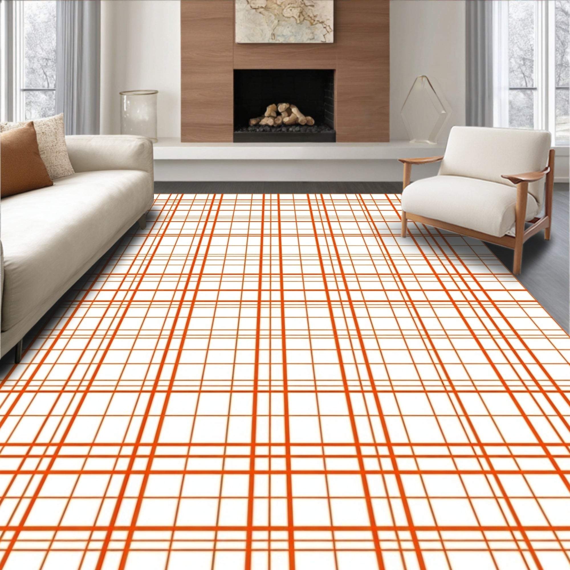 Classic Orange Checkered Pattern Rug