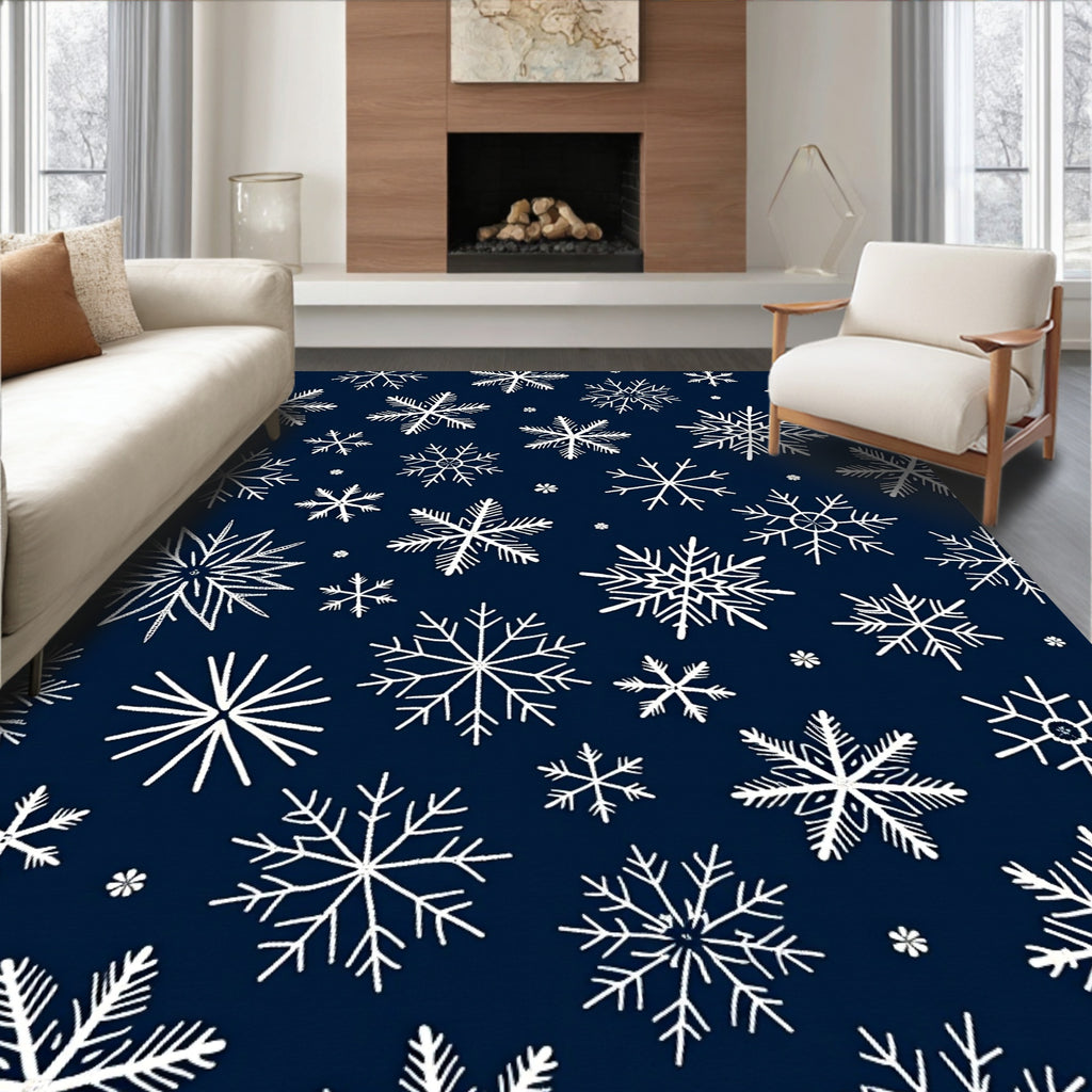 White Snowflake Pattern on Navy Background Rug