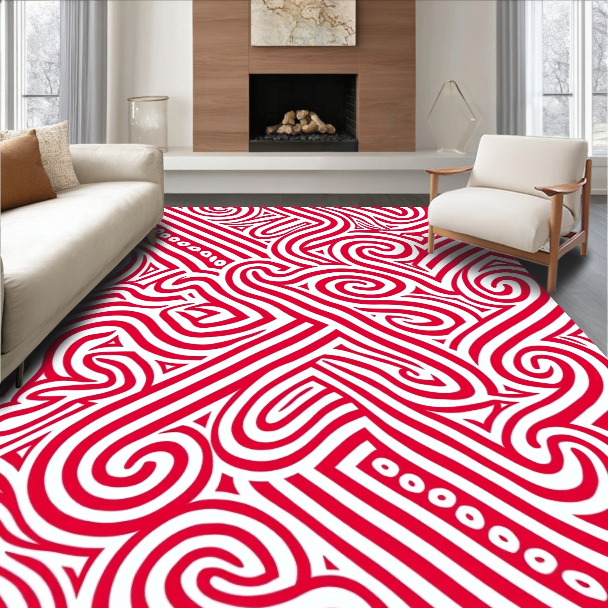 Bold Red Swirls Lines Pattern Rug