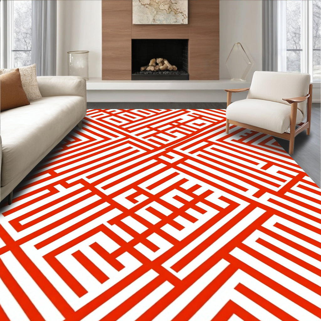 Linear Maze Red Geometric Design Rug