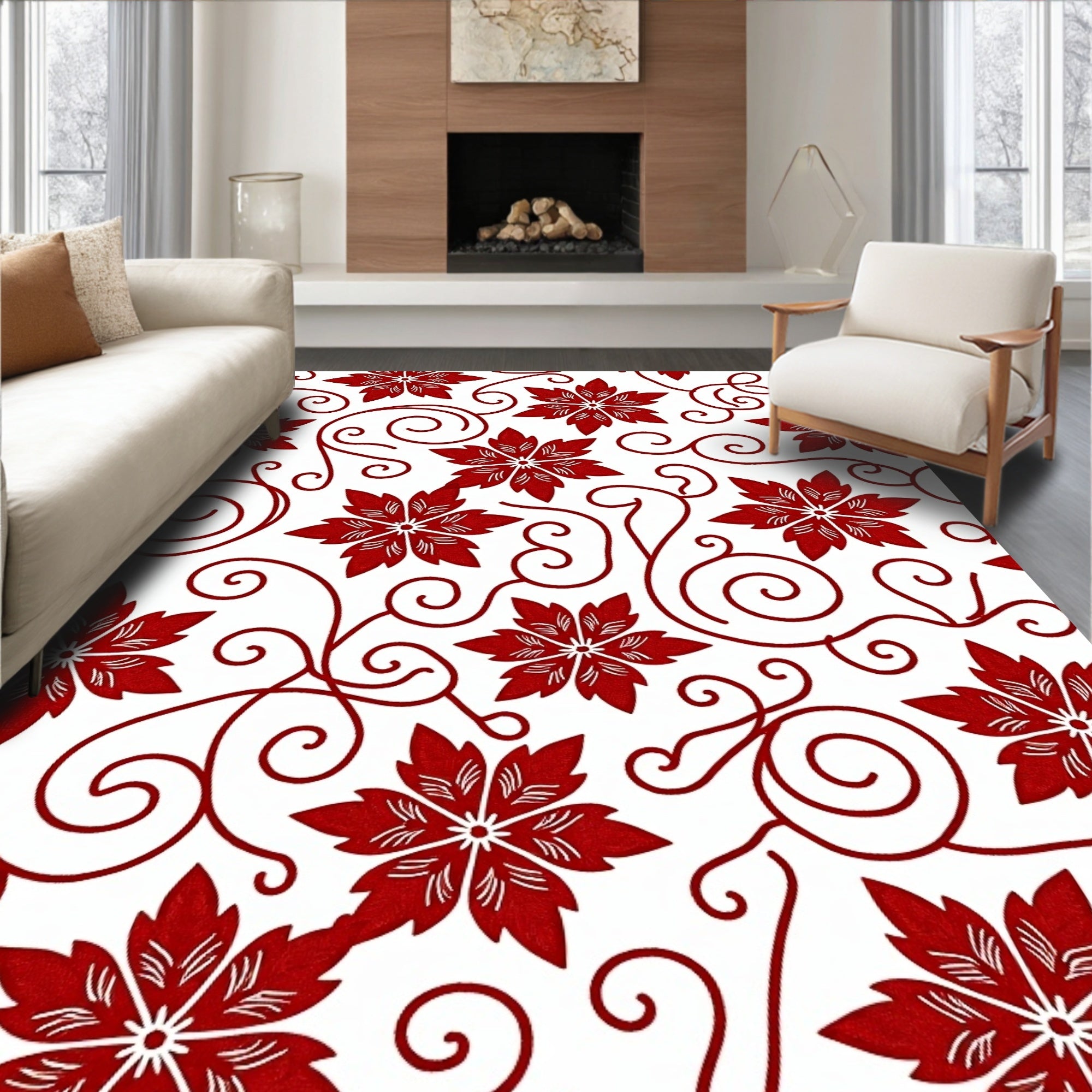 Red Floral Swirl Pattern Design Rug