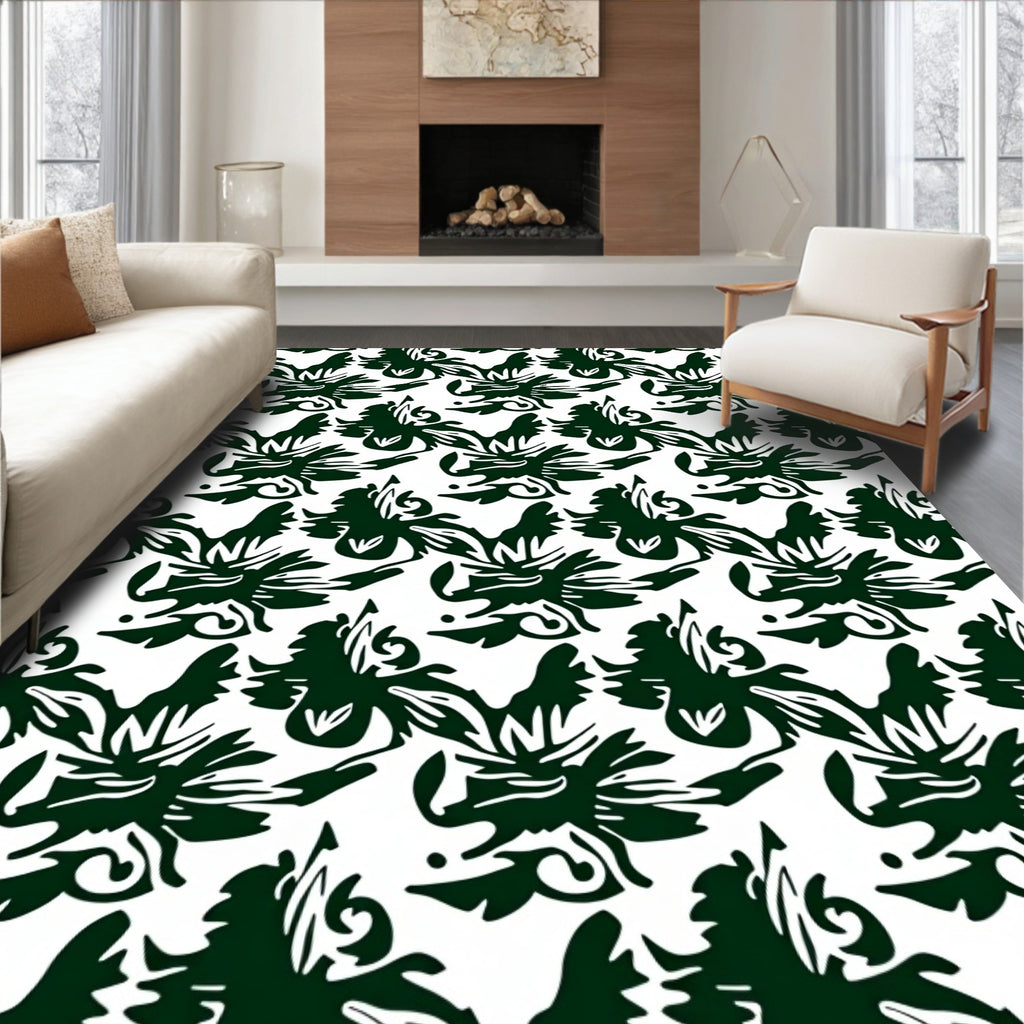 Deep Green Floral Patterned Design Rug