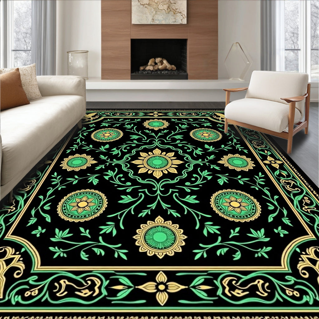 Vivid Black Floral Medallion Vines Rug