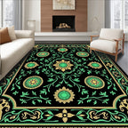 Vivid Black Floral Medallion Vines Rug