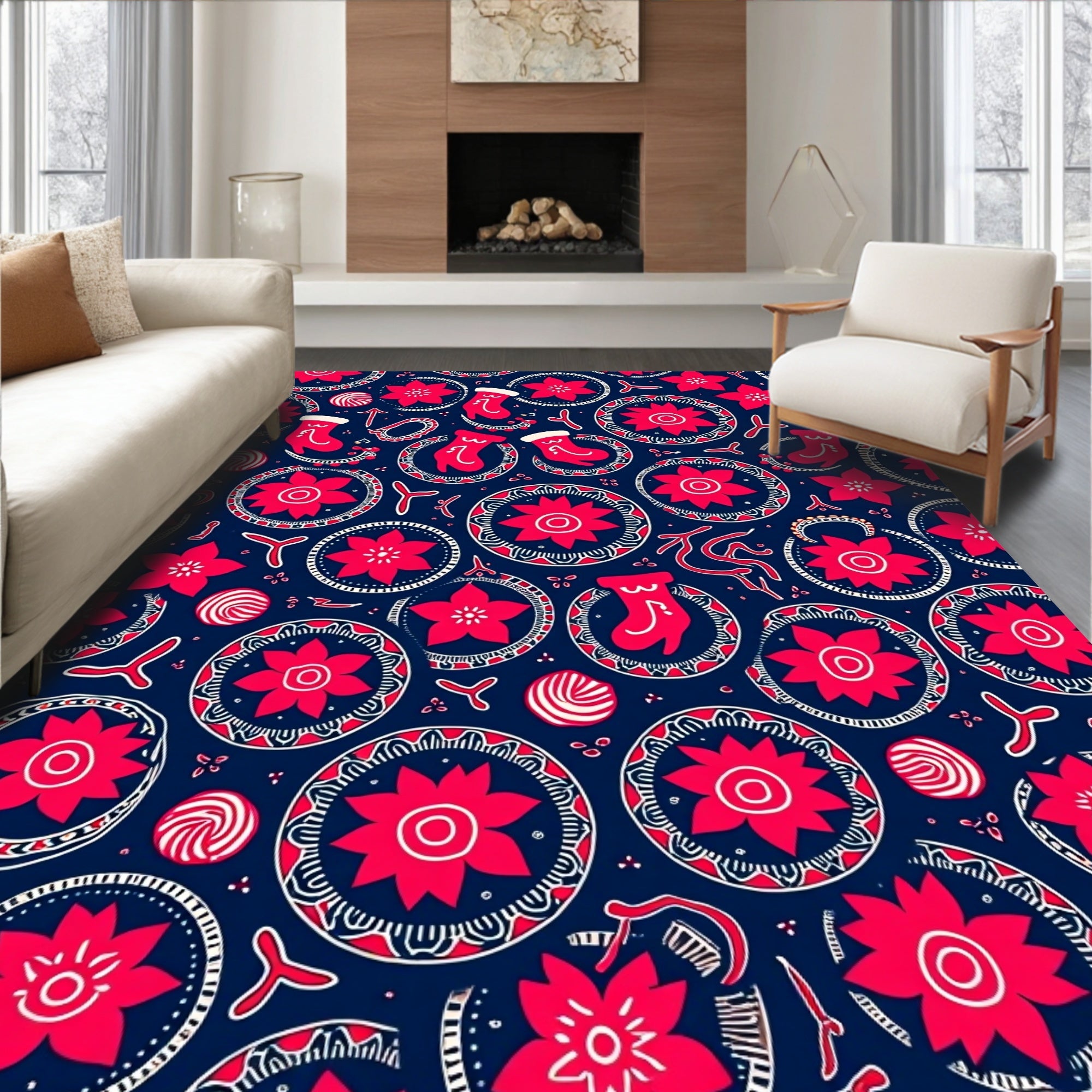 Red White Round Floral Christmas Socks Rug