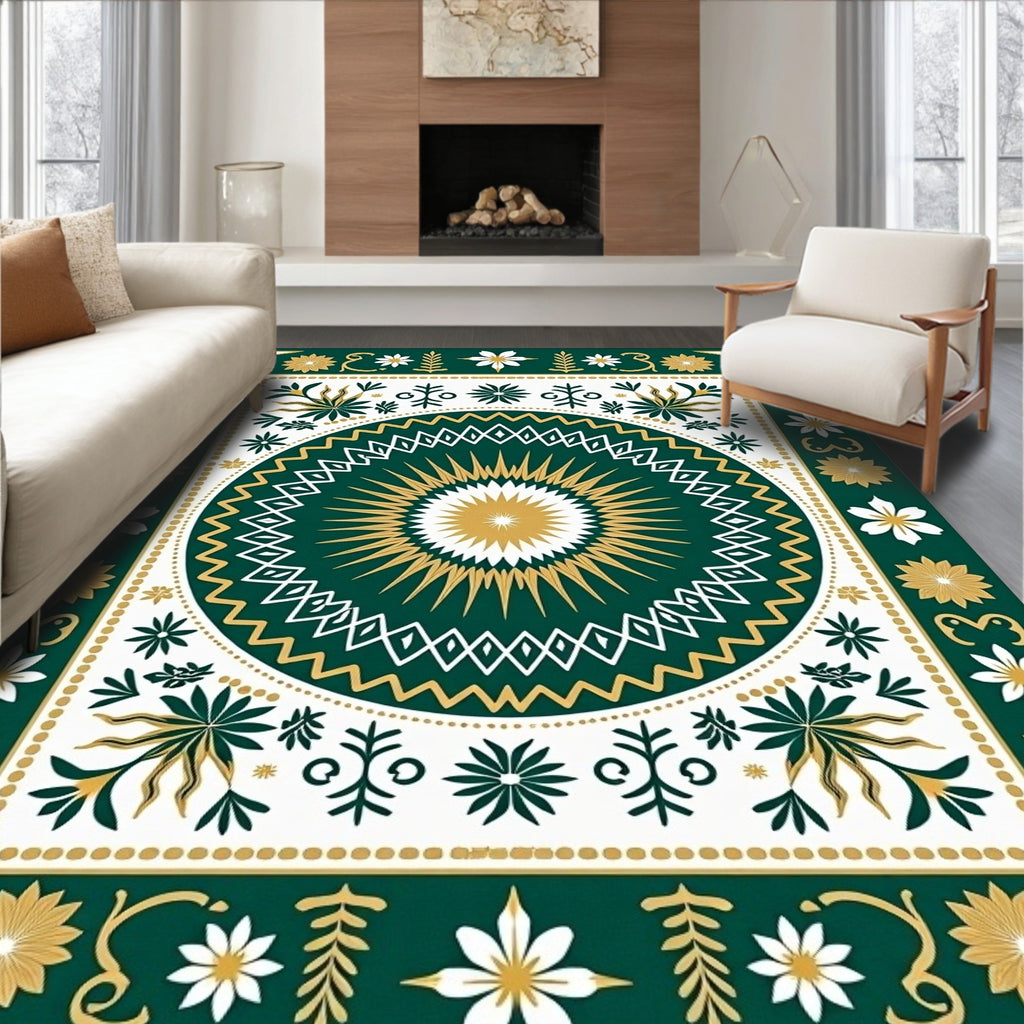Emerald Geometric Sunburst Folk Art Rug