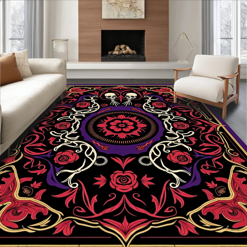Ornate Skull Rose Floral Pattern Rug