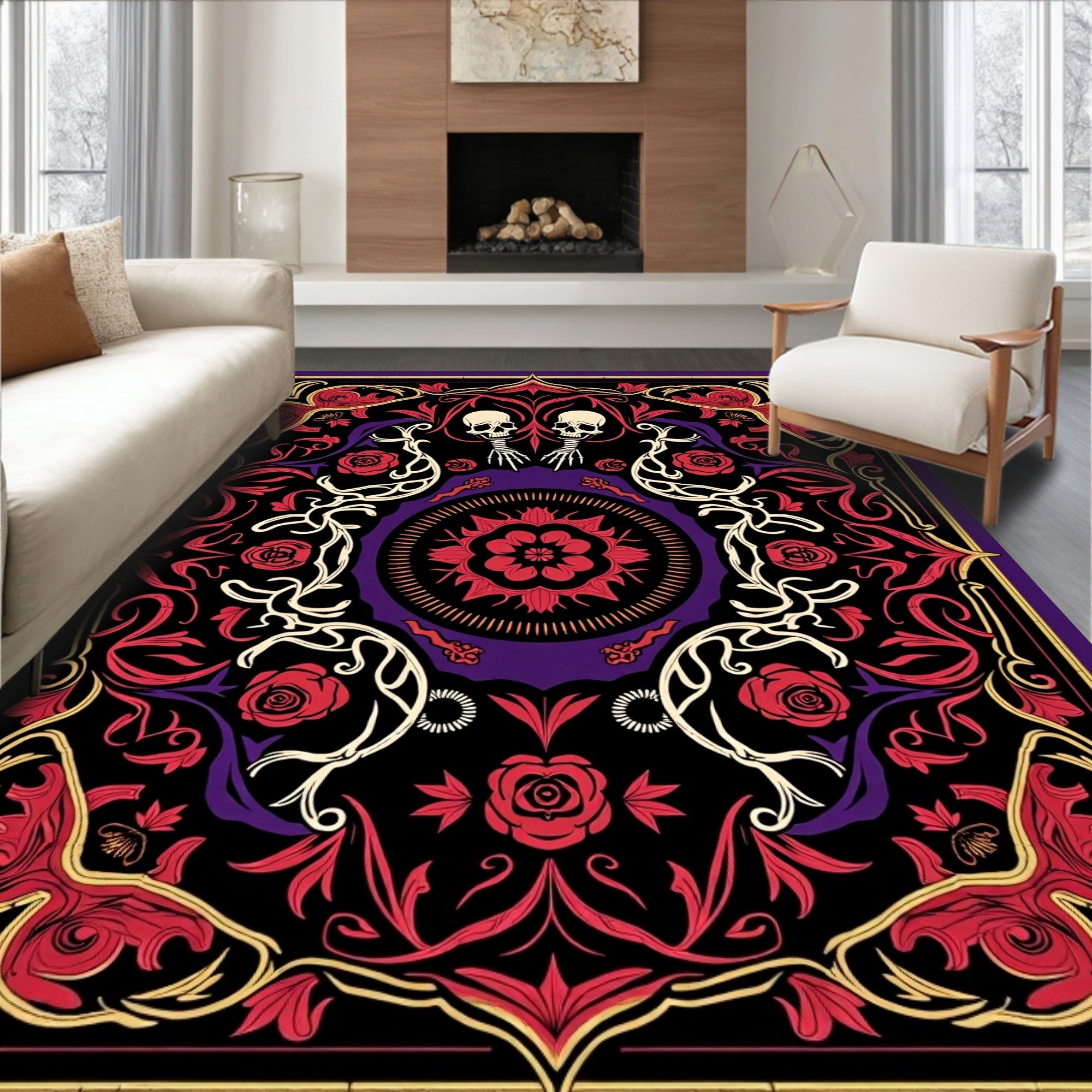 Ornate Skull Rose Floral Pattern Rug