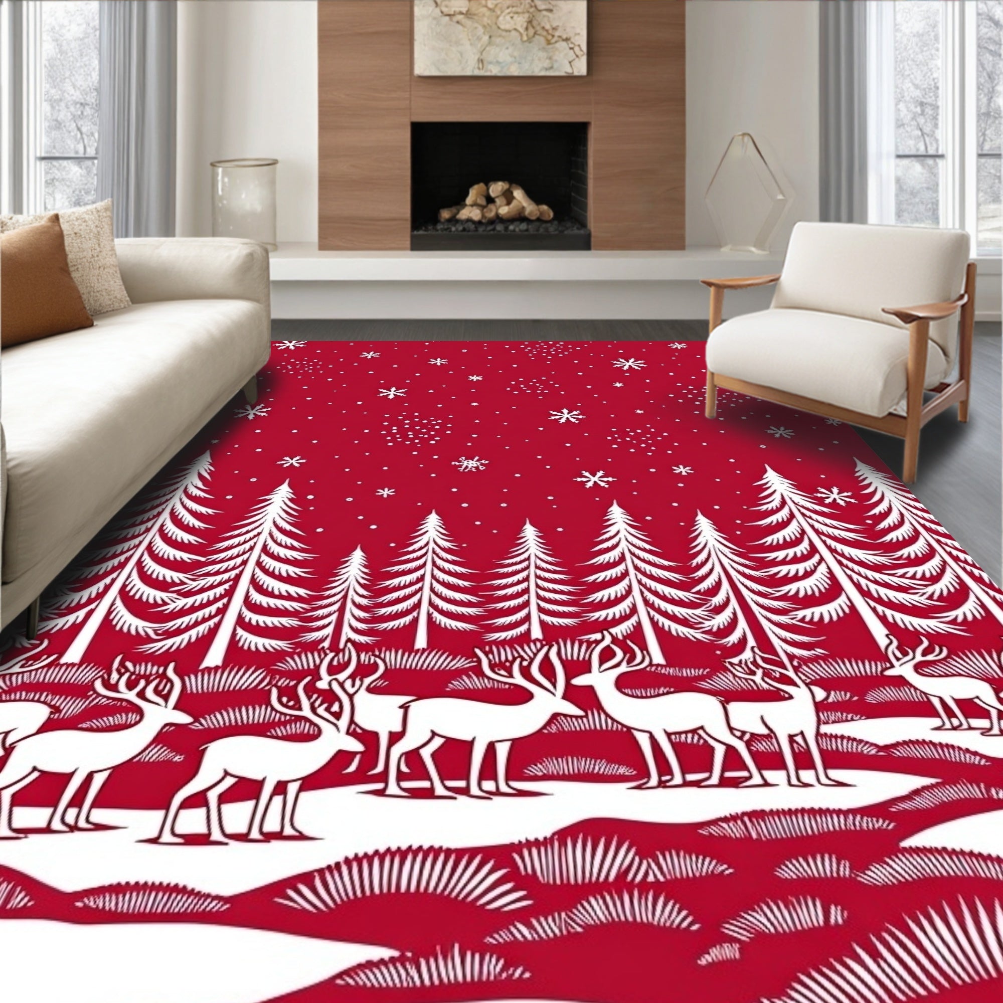 Winter Forest Reindeer Silhouette Rug