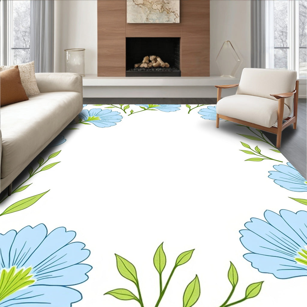 Light Blue Floral Vine Border Pattern Rug