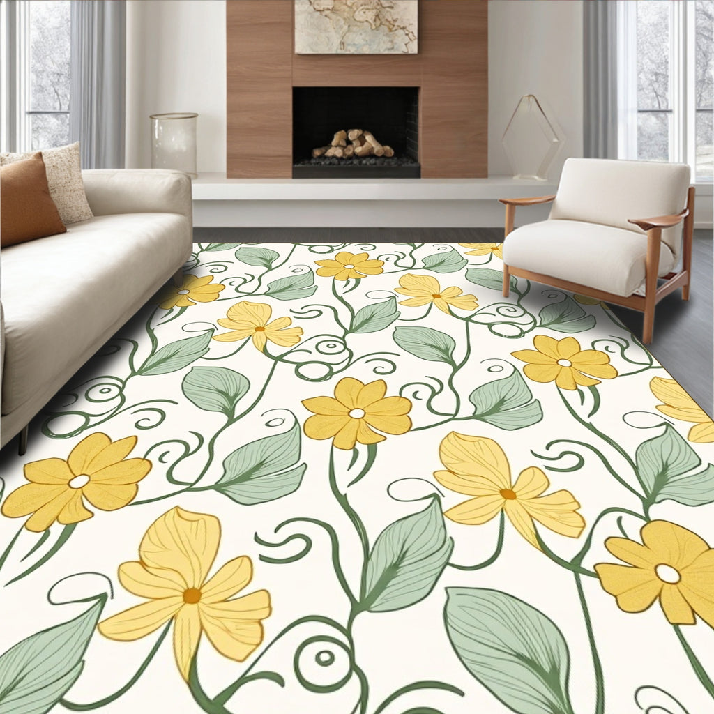 Golden Yellow Floral Vine Pattern Rug
