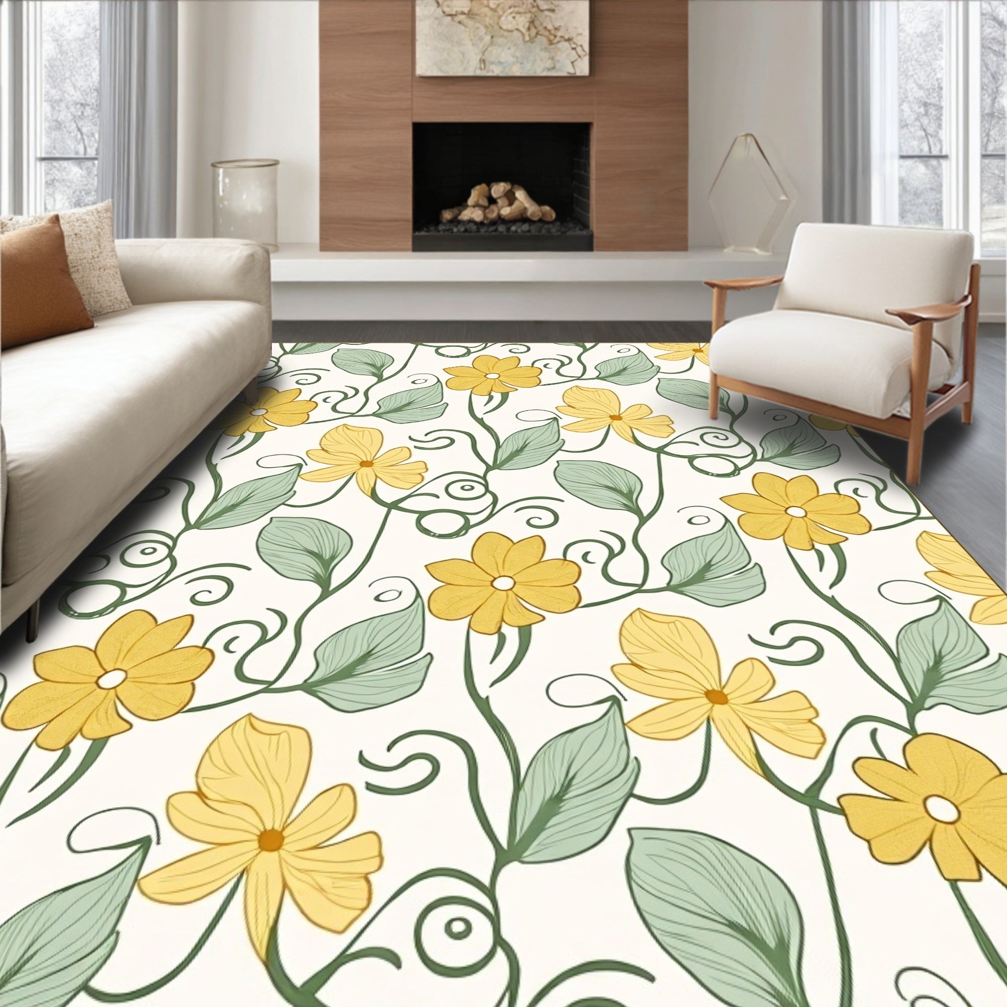 Golden Yellow Floral Vine Pattern Rug