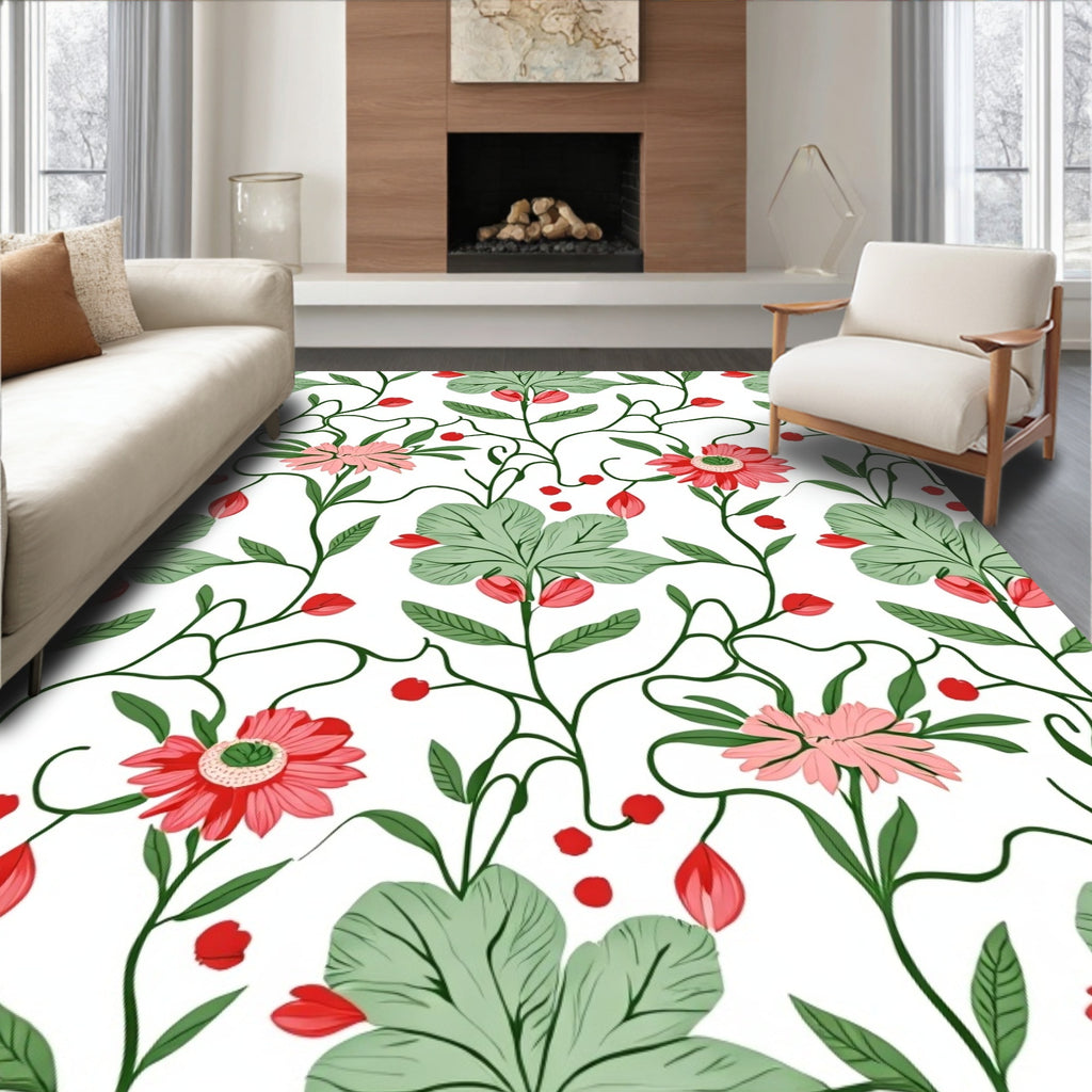 Whimsical Vine Floral Red Bloom Rug