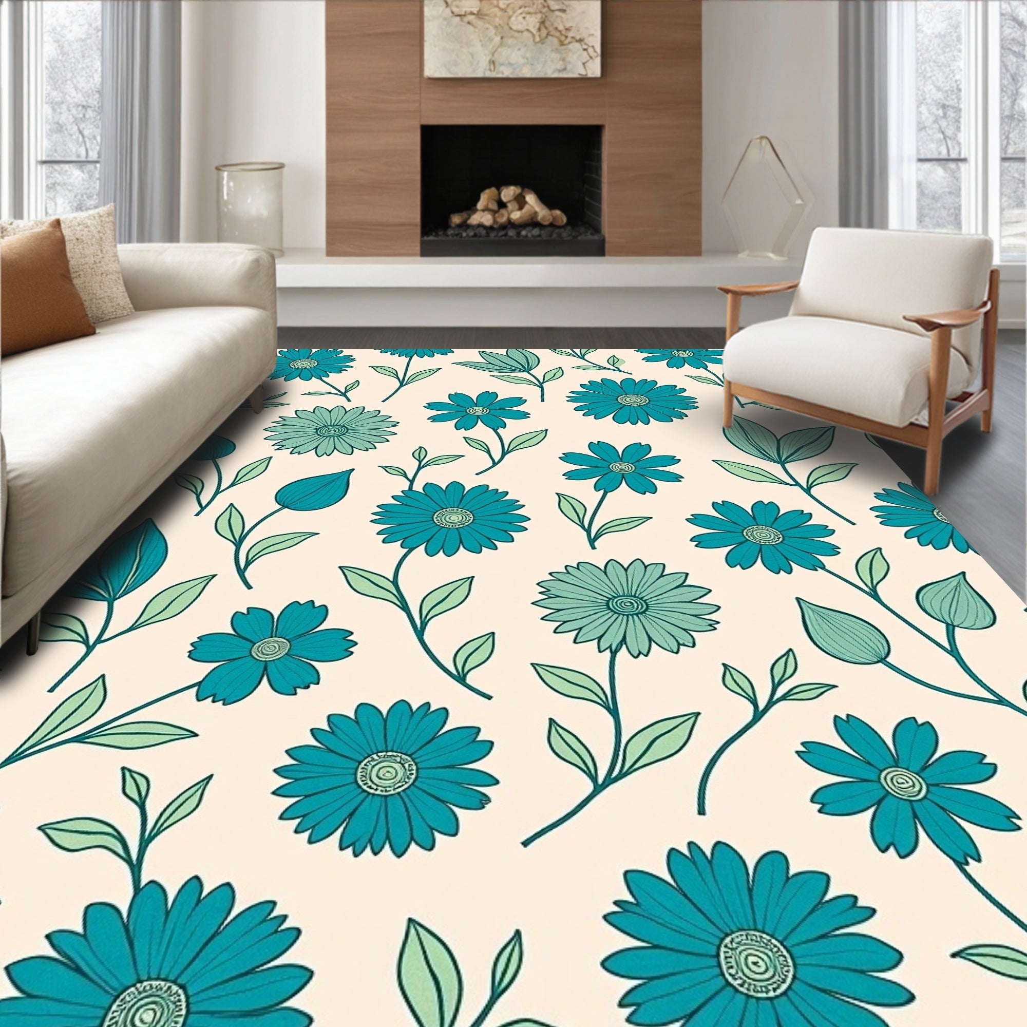 Teal Flower and Leaf Pattern Rug