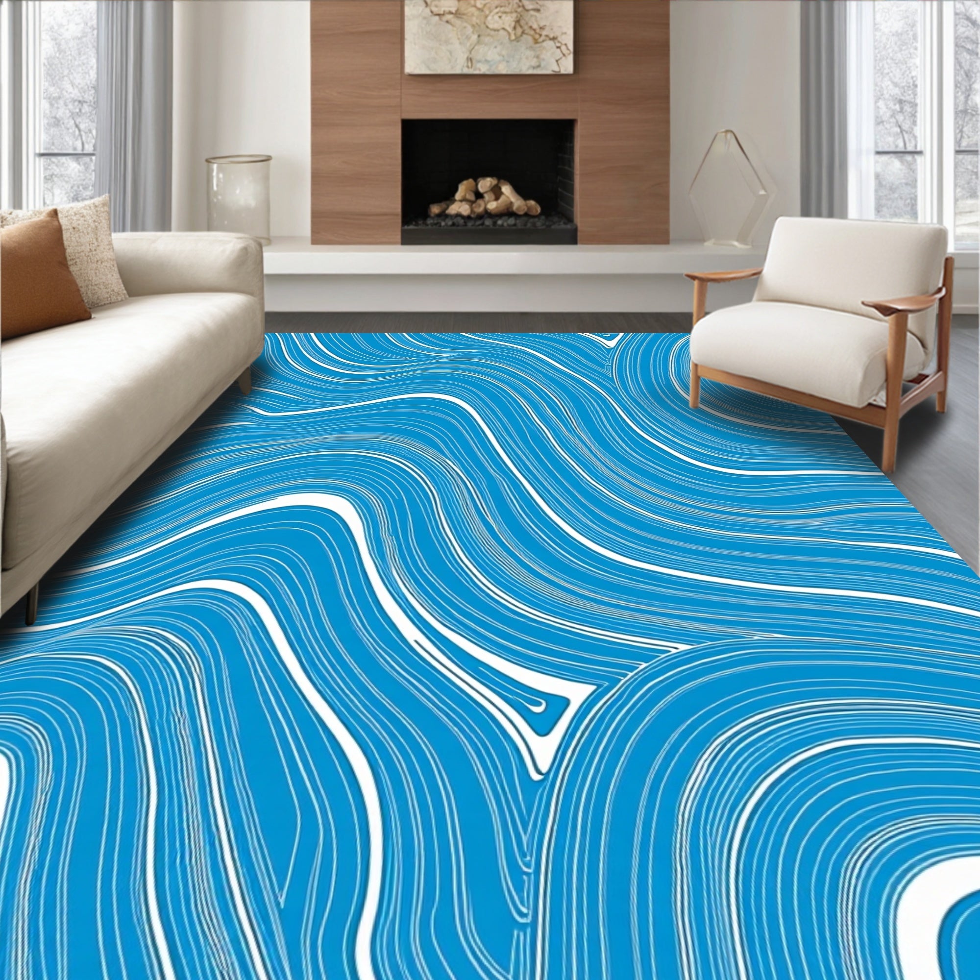 Abstract Blue White Flowing Lines Rug