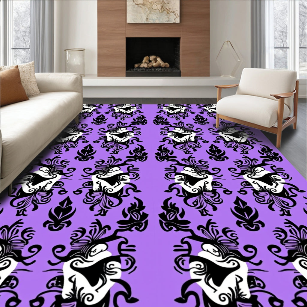 Ornate Black White Scroll Pattern Rug