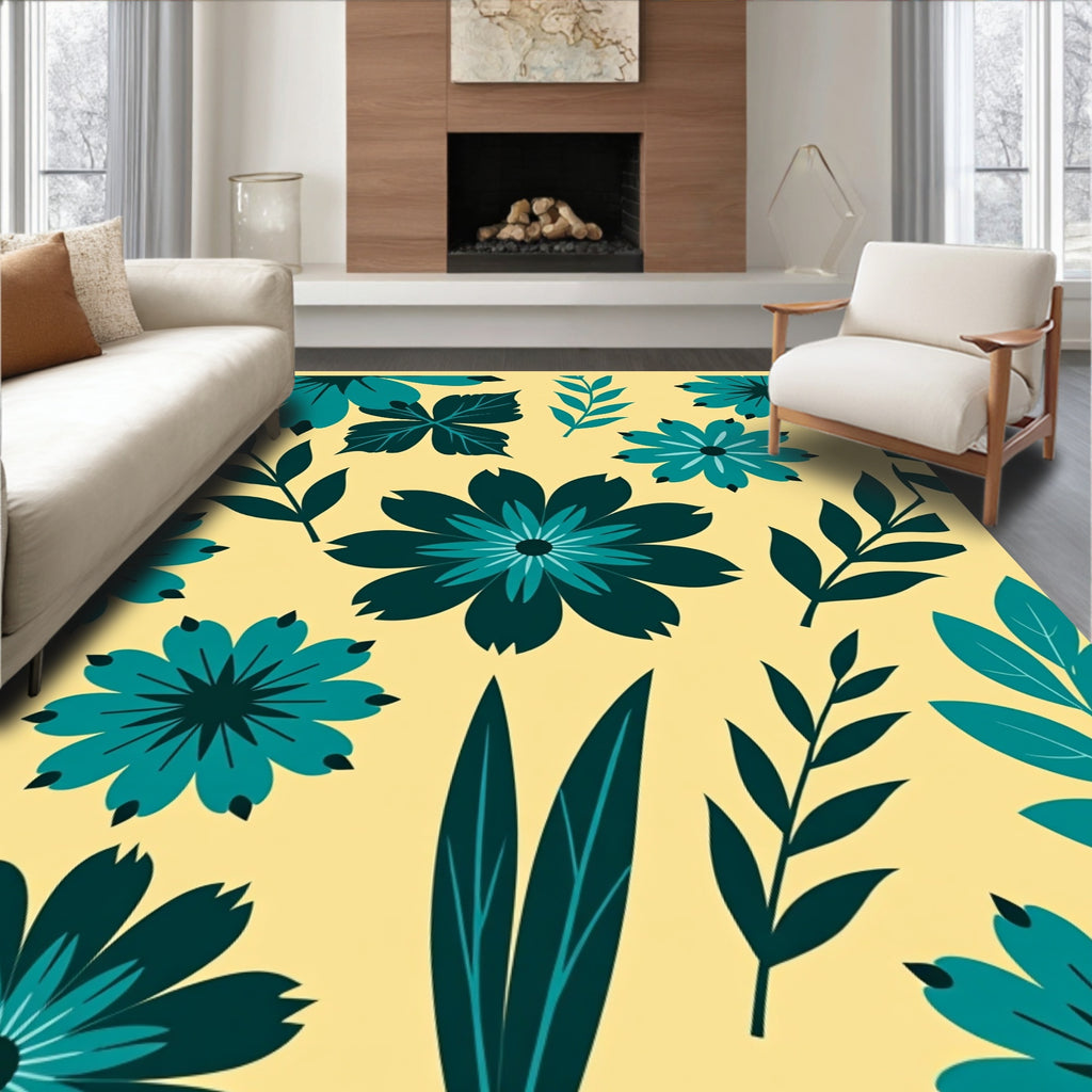 Teal And Yellow Floral Pattern Rug