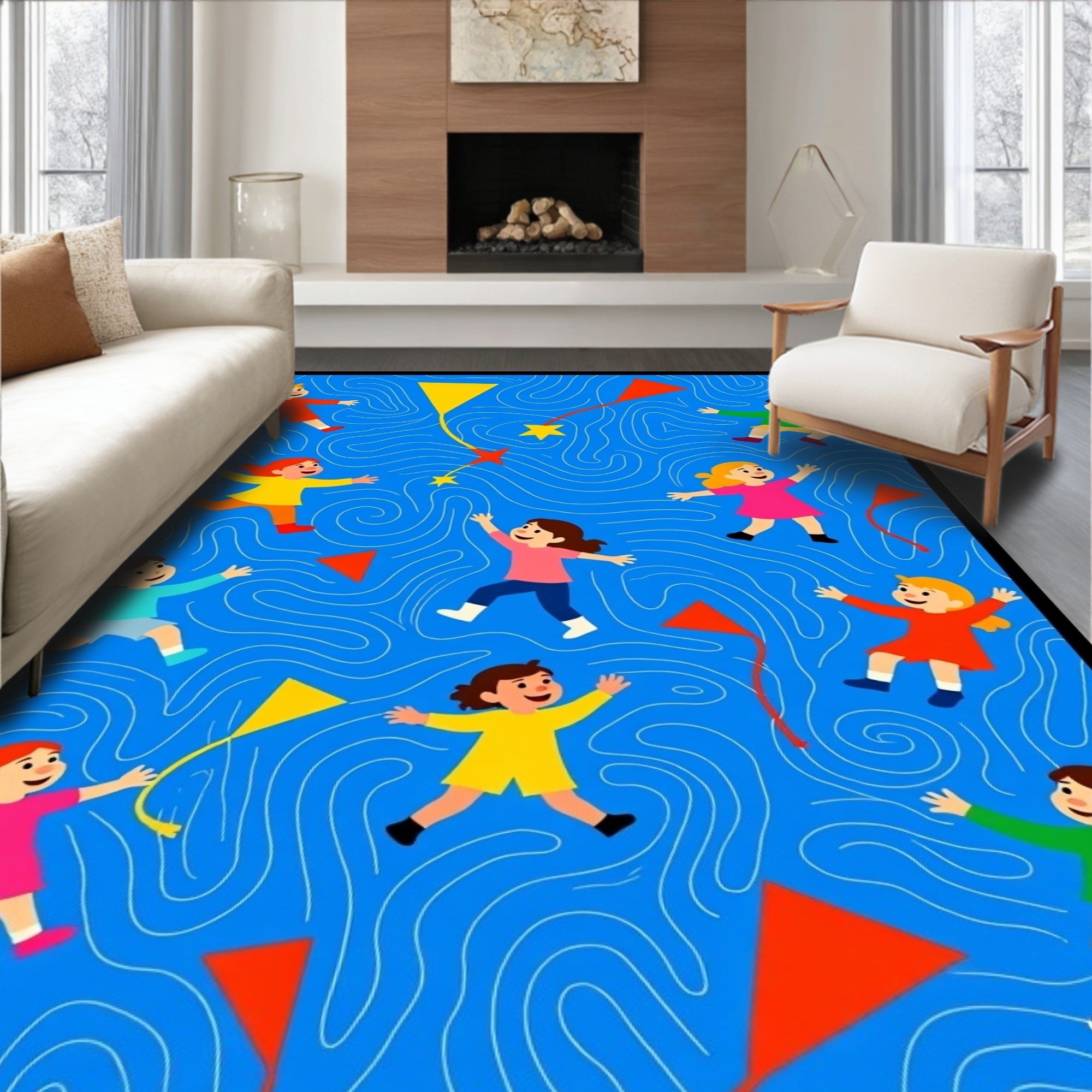 Kids Flying Kites Pattern Design Rug