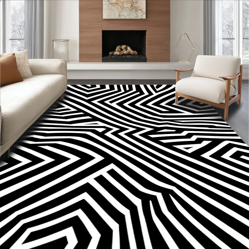 Bold Black White Illusory Stripes Pattern Rug