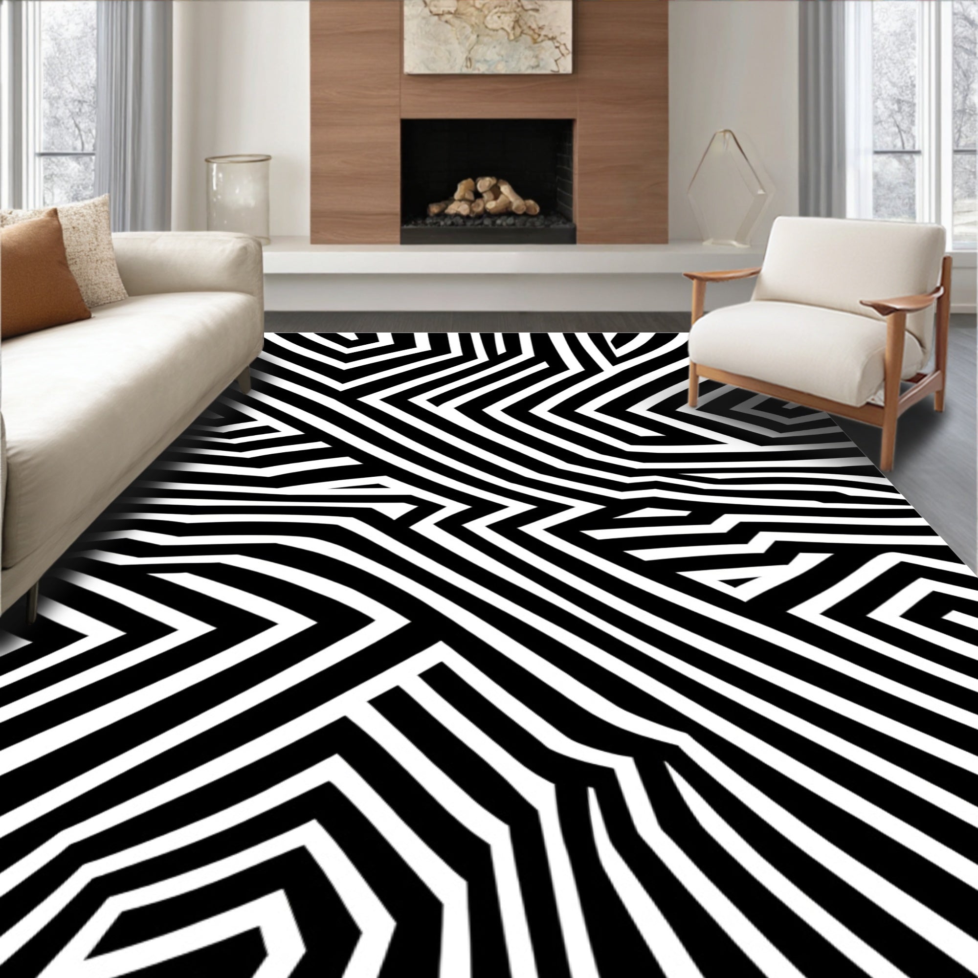 Bold Black White Illusory Stripes Pattern Rug