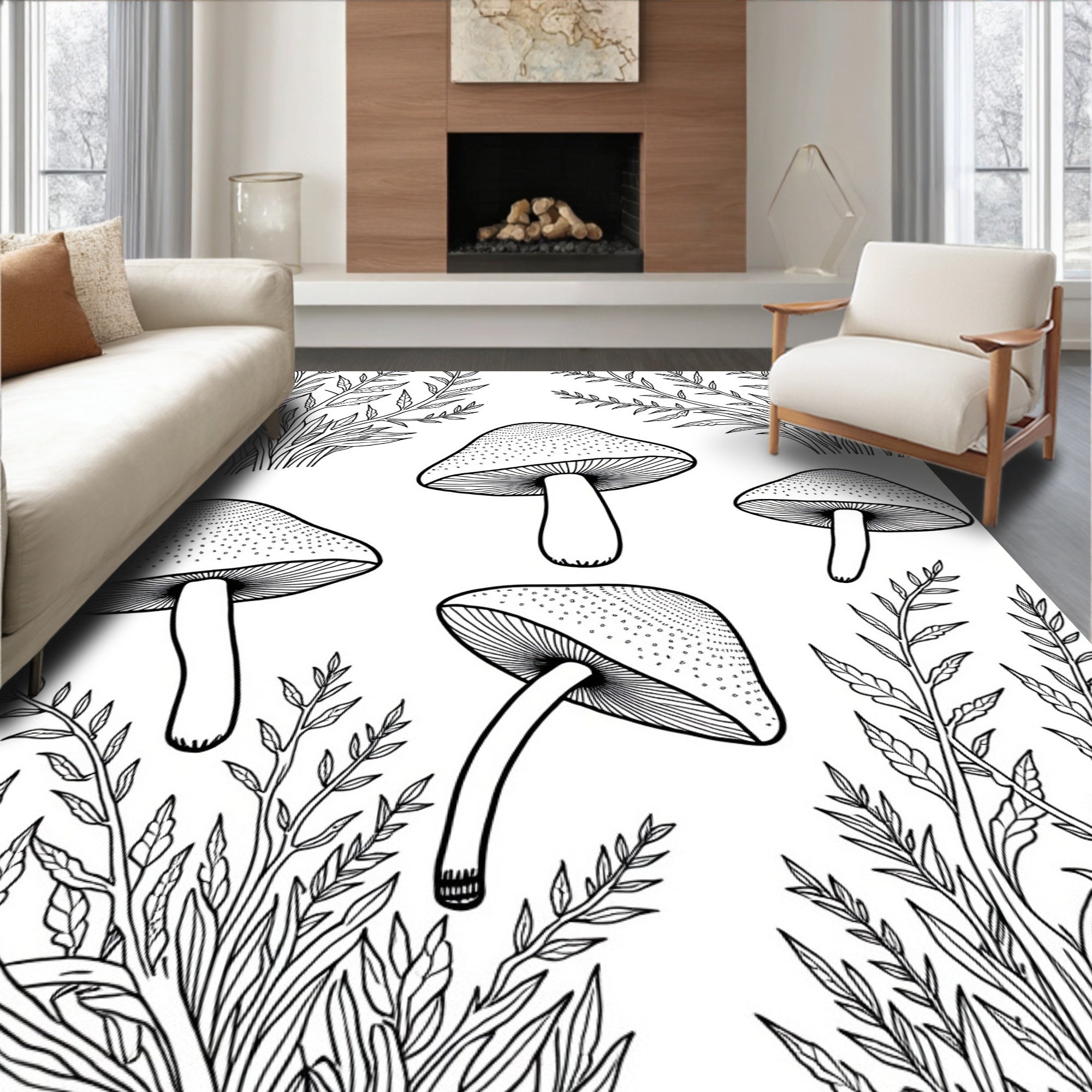 Woodland Mushroom Foliage Pattern Rug
